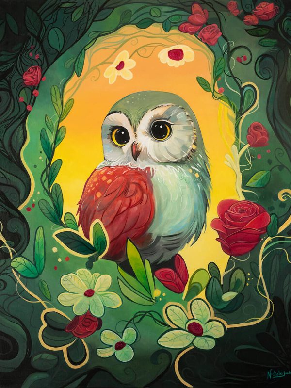 Original acrylic painting of an owl with roses