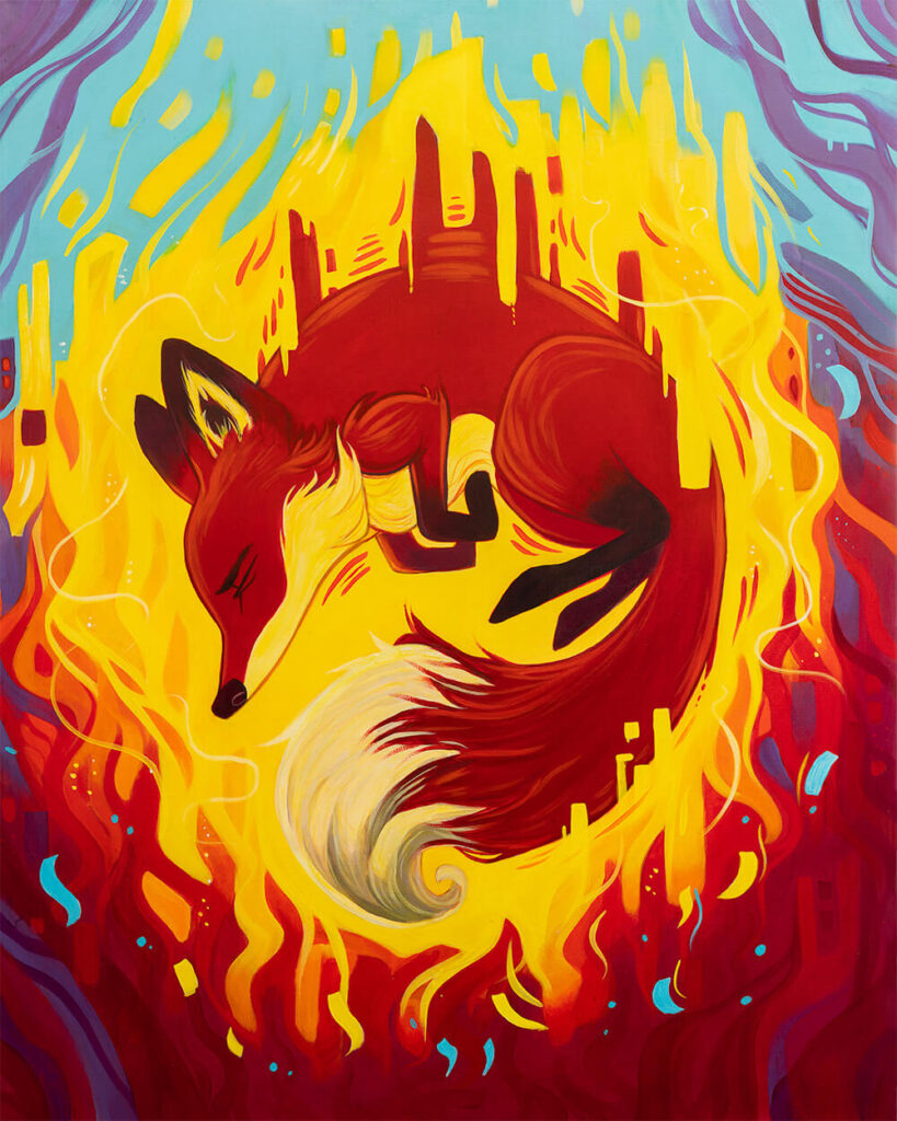 Original acrylic painting of a fox birthed in fire.